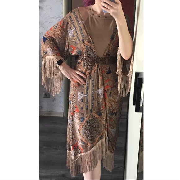 New Boho Mixed Print Kimono Cardigan Robe Jacket w/ Fringe Detail - Picture 5 of 12